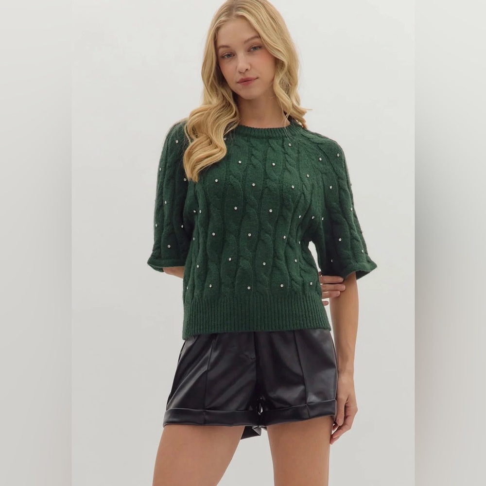 Entro Green Rhinestone Cable Knit Sweater Top